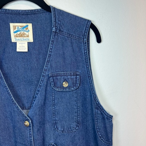 TravelSmith Women's Utility Vest Blue Denim Buttons Pockets Fishing Hiking Large - Picture 4 of 16